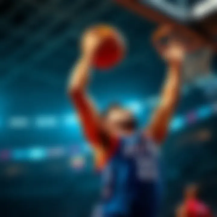A basketball player reaching for a rebound during a game