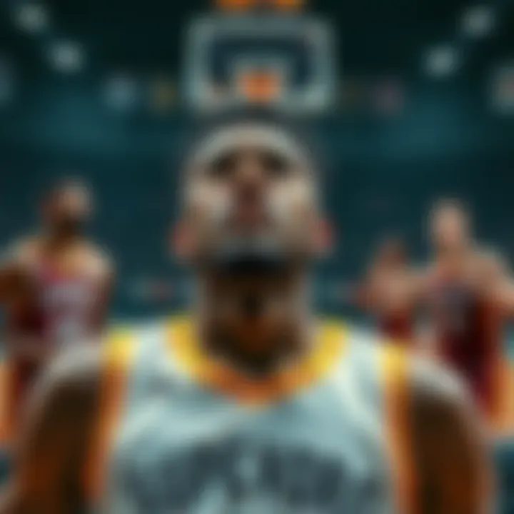 A basketball player looks frustrated after failing to grab a crucial rebound in a game, with teammates reacting in disappointment.