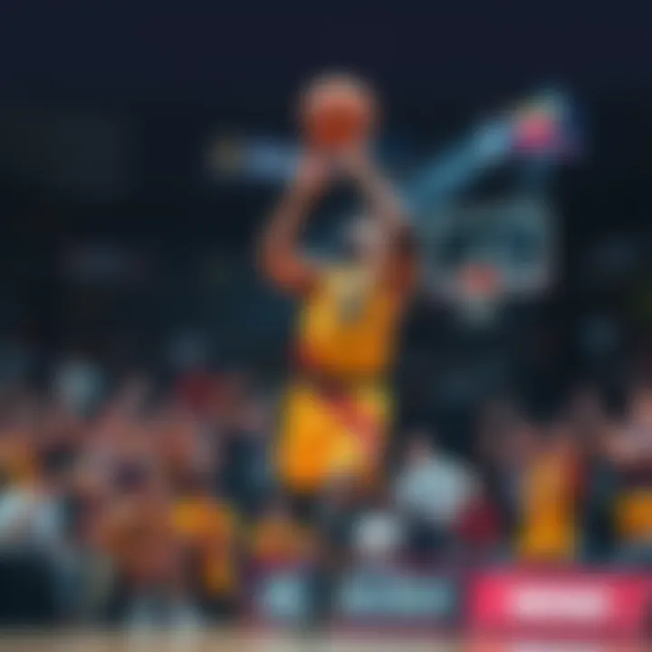 A basketball player making a dramatic shot, surrounded by excited fans, showcasing the intensity of a game turnaround.