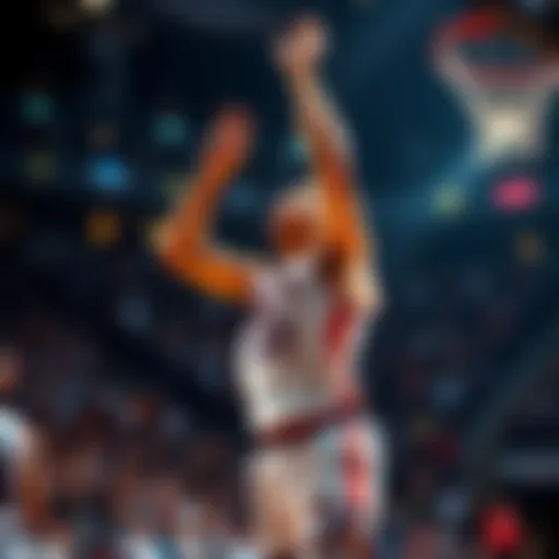 A basketball player celebrating after scoring a basket during a game, with fans cheering in the background