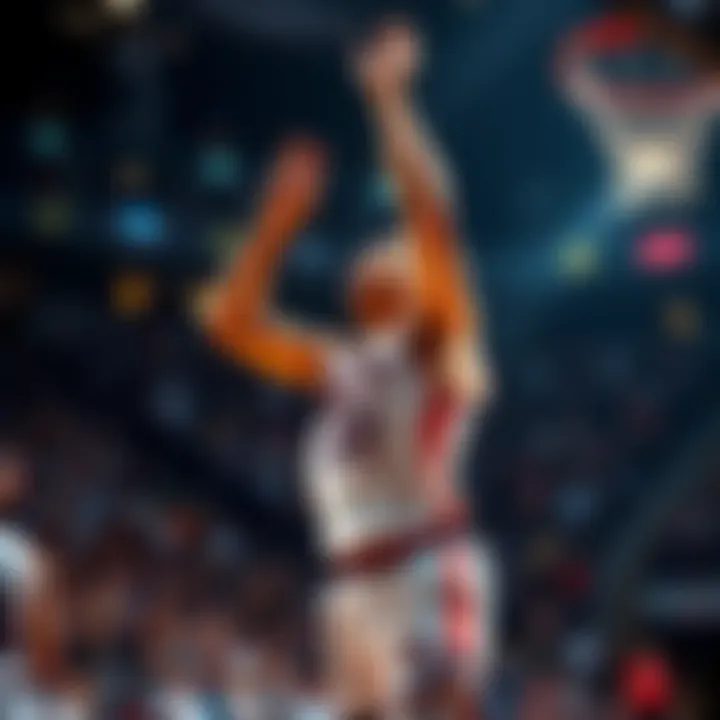 A basketball player celebrating after scoring a basket during a game, with fans cheering in the background