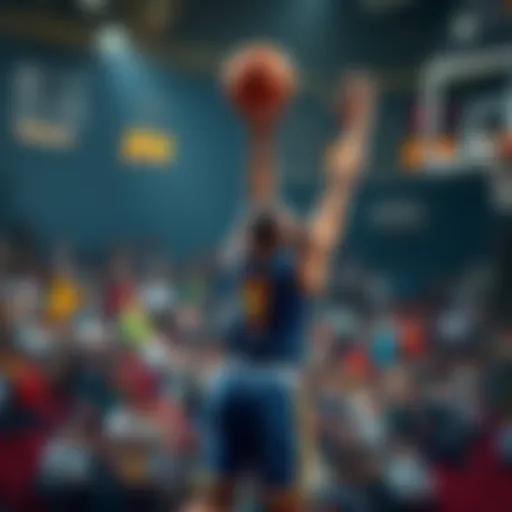 A basketball player makes a jump shot while the crowd cheers in the background