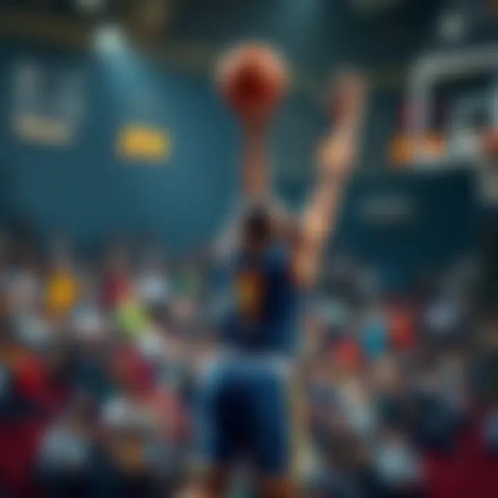 A basketball player makes a jump shot while the crowd cheers in the background