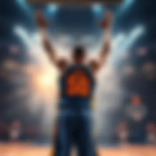 A basketball player celebrating after scoring 50 points in a game, raising his arms in excitement