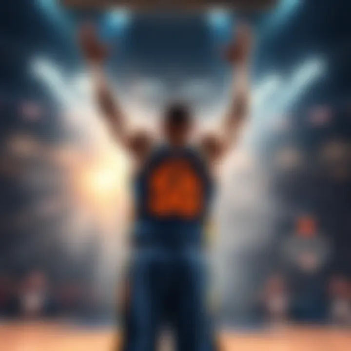 A basketball player celebrating after scoring 50 points in a game, raising his arms in excitement