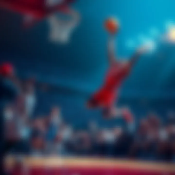 A basketball player jumps to make a stunning shot as the crowd watches in excitement