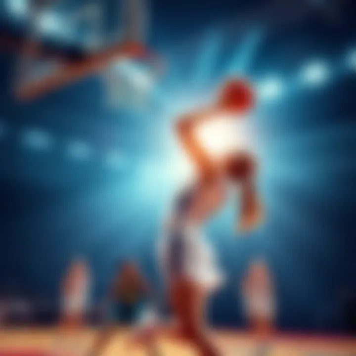 A female basketball player in action, shooting a ball towards the hoop during an intense game, with her teammates and opponents in the background, showcasing the excitement of the moment.