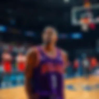 Basketball player struggling on the court A basketball player looks dejected on the court after scoring only 2 points in 31 minutes, with teammates and fans showing concern in the background.