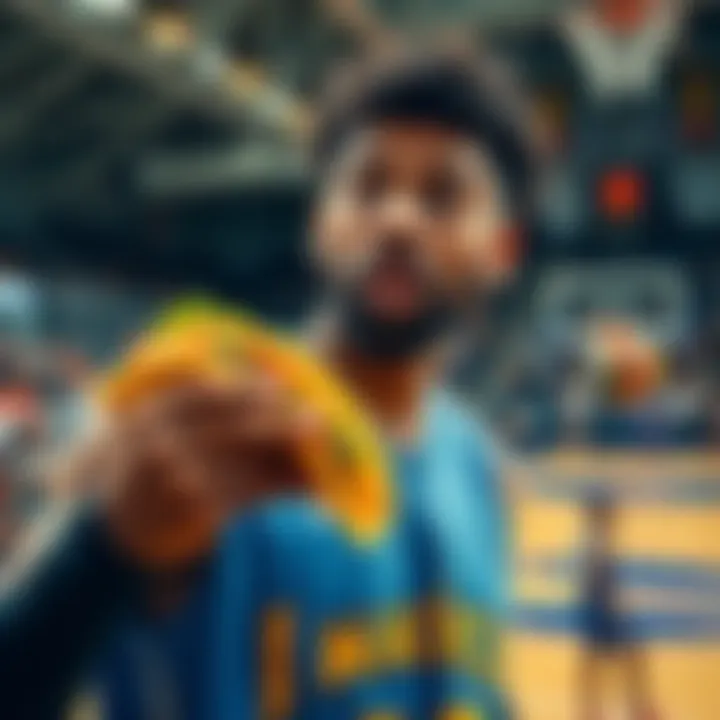 A basketball player holds a taco while looking confused on the court