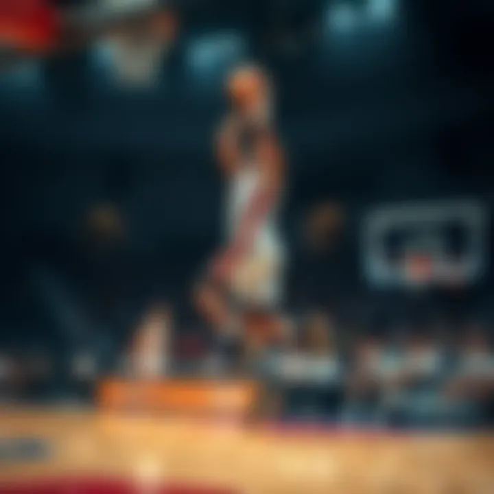 A basketball player in mid-air shooting a three-point shot during a game, with teammates and fans in the background.