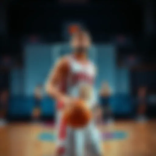 A basketball player in a jersey stands on the court, looking concerned while holding a basketball. Teammates are in the background, discussing the trade decision.