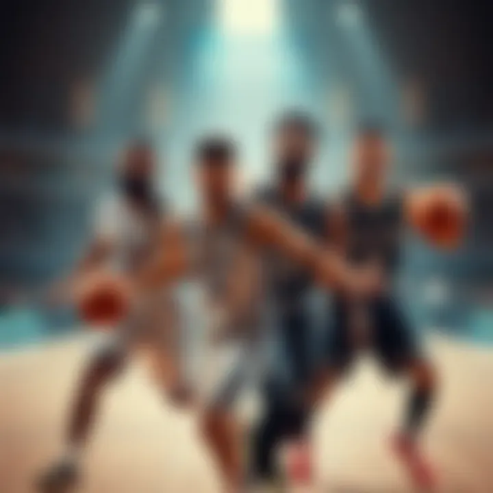 Basketball players on the court Four basketball players in action, focusing on steals during a game, showcasing athleticism and teamwork.