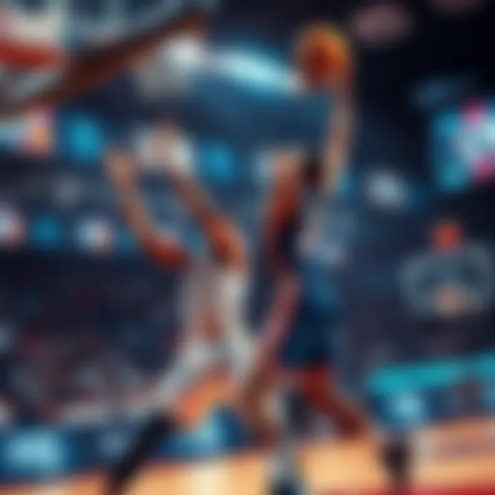 Two basketball players competing during a game, one attempting a three-point shot while the other defends