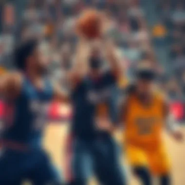 Basketball Players Competing for MVP Three basketball players in action competing for MVP honors during a championship game