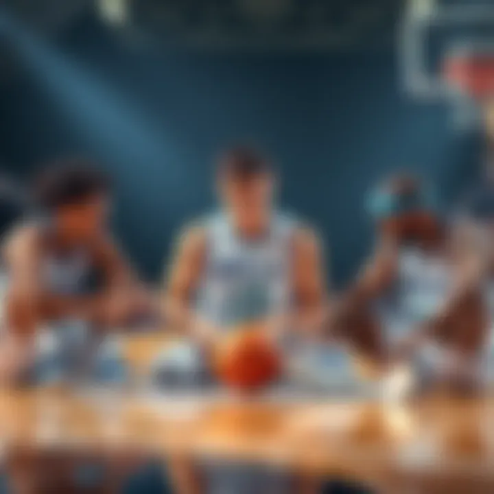 Basketball players Sabelly, Young, and Gray reviewing their performance stats on a court