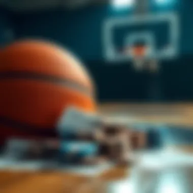 A close-up of a basketball with betting slips and chips on a table, symbolizing prop betting during finals