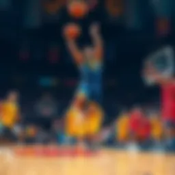 A basketball player jumps for a rebound amidst surprised teammates and fans, capturing a pivotal moment during the game.