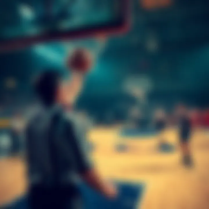 A player grabbing a basketball rebound while officials review a goaltending call, showing confusion on the court