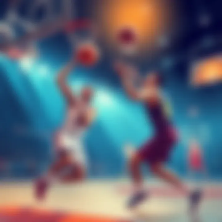 Illustration showing a basketball player grabbing a rebound while another player makes an assist during a game, highlighting teamwork in sports betting