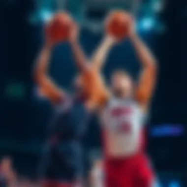 Basketball players Ron Holland and Deni Avdija Ron Holland shooting a basketball and Deni Avdija making an assist during a game