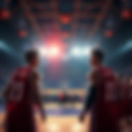 Two basketball teams preparing to face off on the court with bright lights and an excited crowd