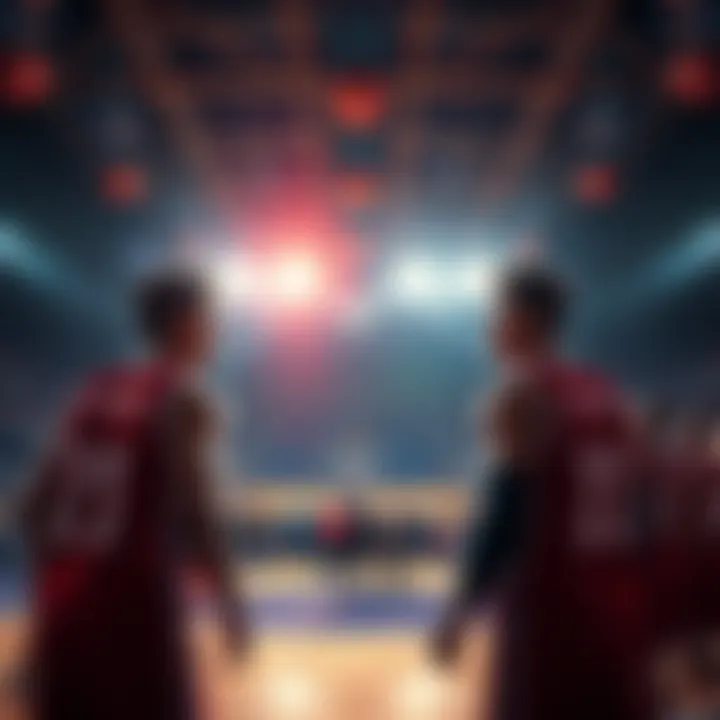 Two basketball teams preparing to face off on the court with bright lights and an excited crowd