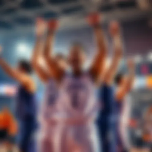 Players celebrating after a tense fourth quarter win, showing excitement and relief