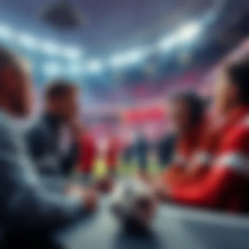 A soccer betting scene showing people discussing live bets on a Bayern game, with emphasis on over 2.5 goals.