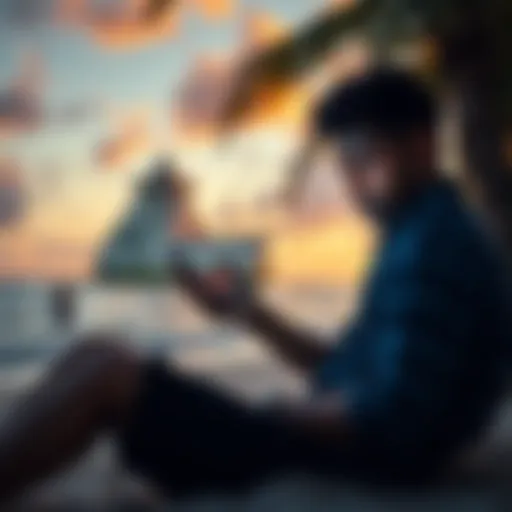 A person sitting on a beach in Jamaica checking their phone with a concerned expression about their account balance