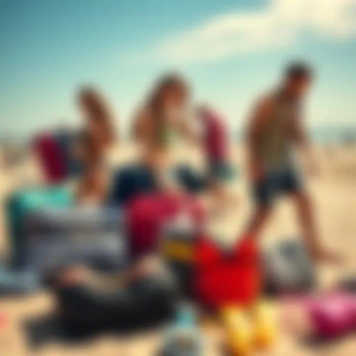 People packing bags for a vacation at the beach, surrounded by travel essentials like sunscreen and swimsuits.