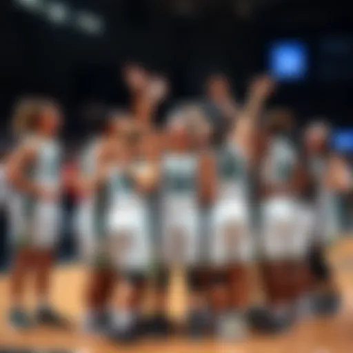 The Beaver basketball team celebrates their impressive win with a group huddle, players smiling and showing team spirit on the court.