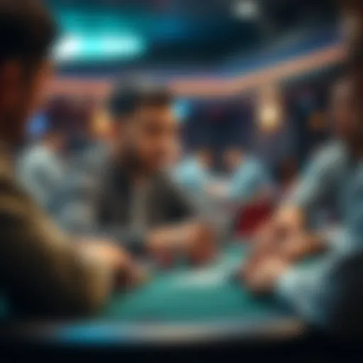 A novice poker player sitting at a cash game table, focused on his cards with chips in front of him, surrounded by other players.