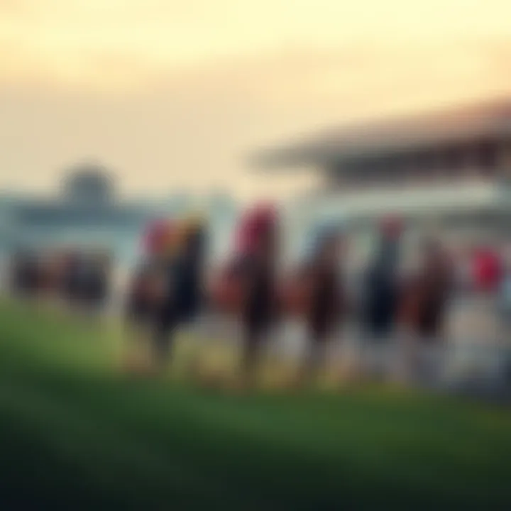 Racehorses compete on the slow grass track at Belmont Park, with fans observing in the background.