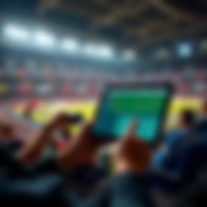 A person watching a live sports game on a tablet while placing bets, with graphs and statistics on the screen