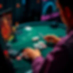 A person playing blackjack at an online casino on a computer with chips and cards visible