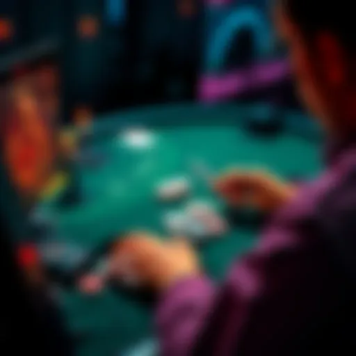 A person playing blackjack at an online casino on a computer with chips and cards visible