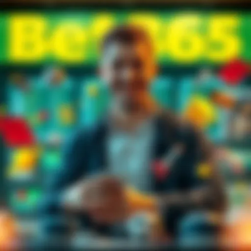 A satisfied bettor placing a wager on Bet365 with a confident smile, surrounded by sports betting icons.