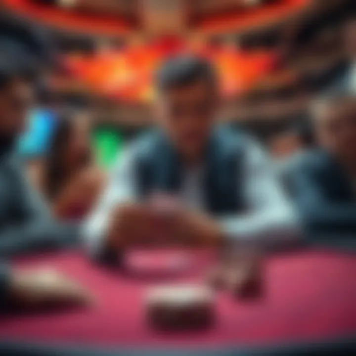 A dealer at a gaming table revealing a card while other players look on with concern
