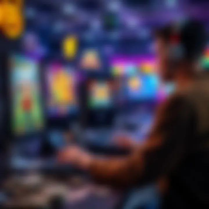 A person playing at a computer with casino games on the screen and cash around, symbolizing earning money by testing a game.