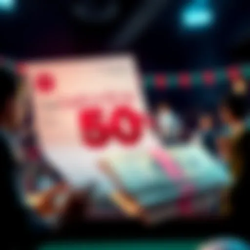 A graphic showing a betting slip and cash symbolizing a 50% bonus offer on Betonline, with people discussing their options.