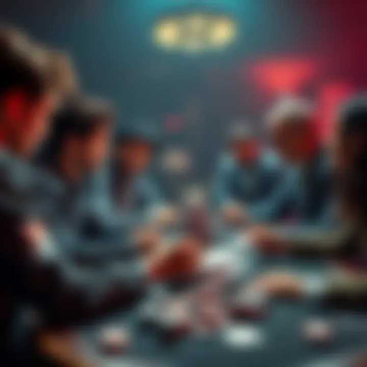 A group of people discussing a ten dollar bet at a table with chips and cards
