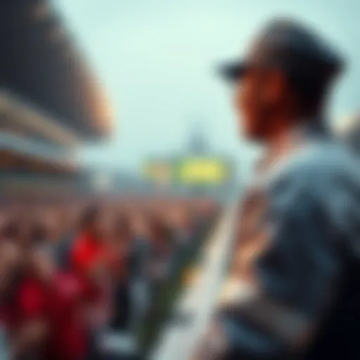A person placing a $5,000 bet on journalism with odds of +290, with a backdrop of a sports event and cheering crowd