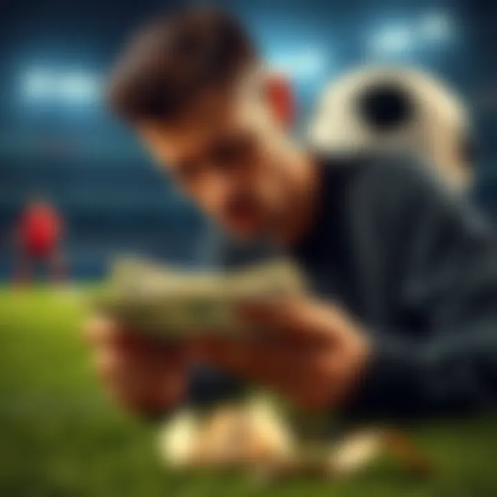 A person looks disappointed while checking their betting slips and losing money on World Cup bets, with a soccer ball in the background