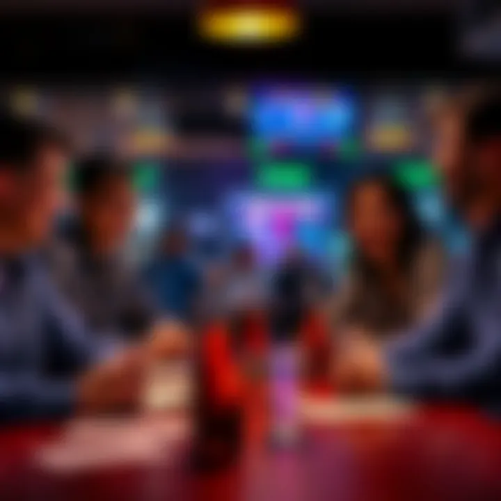 A group of friends laughing and discussing a bet that started as a joke, with papers and drinks on the table.