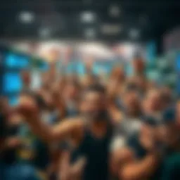 A crowd of excited people celebrating in a betting shop after recent sports outcomes, with money and betting slips in hand.