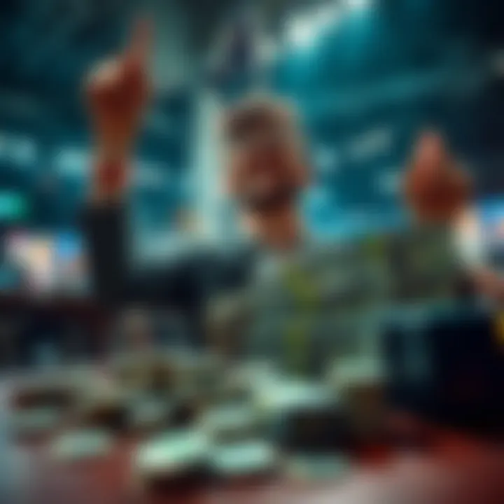 A person celebrating wins with sports betting tickets and money on a table