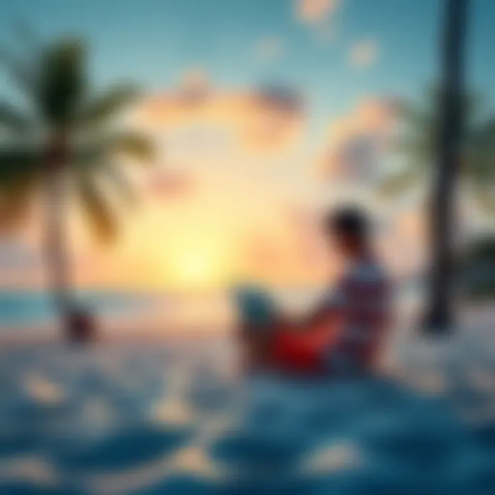 A person sitting on a beach in Florida, using a laptop to place bets on horse races in the UK, with palm trees and ocean in the background.
