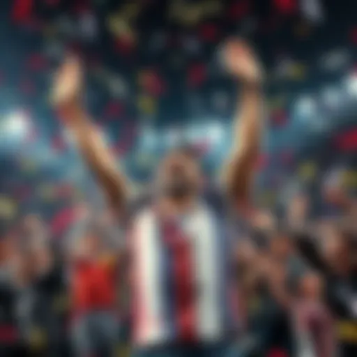 A person celebrating a victory with raised arms and a big smile, surrounded by confetti and a cheering crowd.