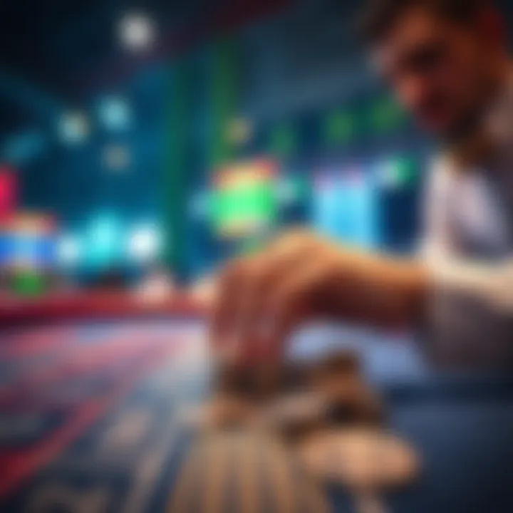 A person placing small coins on a betting table, focused on the game ahead.