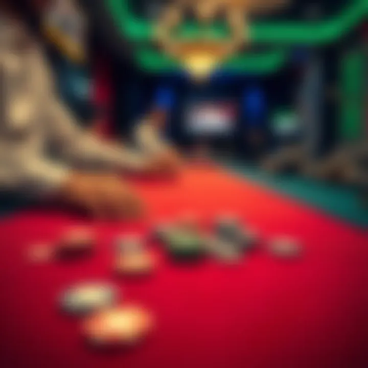 A person placing bets at a gaming table, with chips in various amounts spread out. The focus is on small and medium-sized bets.